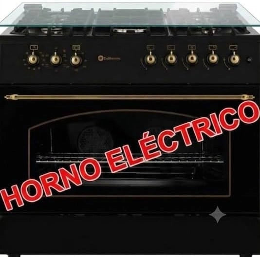 Cocina de Gas Solthermic 90cm Negra, Horno El¨¦ctrico Panor¨¢mico 115L, 5 Quemadores, Mandos Dorados
