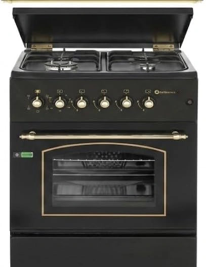 Cocina de Gas Solthermic con Horno El¨¦ctrico Turbo, 4 Fuegos y Dise?o R¨²stico en Negro, Ancho 60 cm