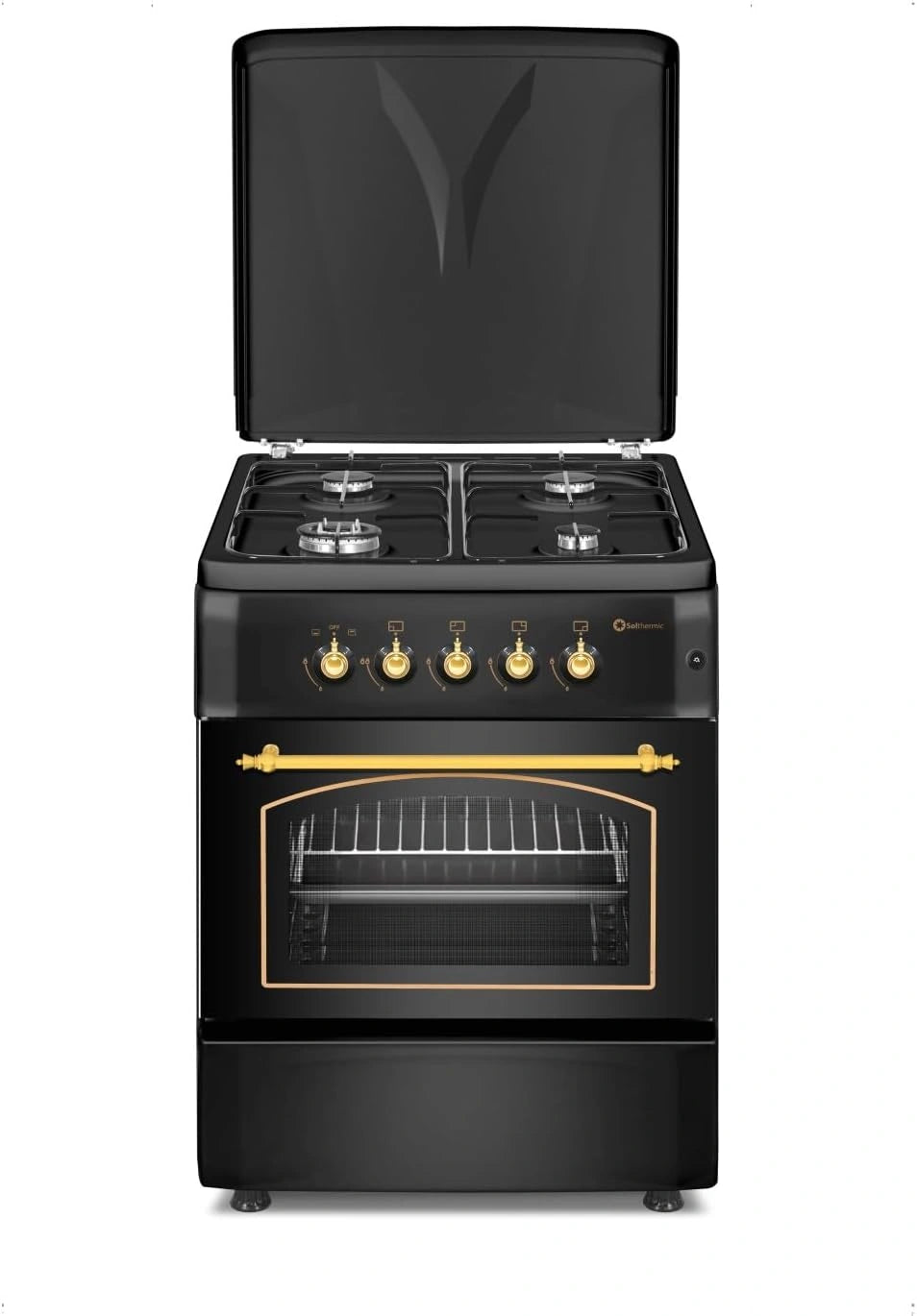 Cocina de Gas Solthermic Negra con Mandos Dorados, 4 Fuegos, Encendido Autom¨¢tico, Compatible con Gas Butano y Ciudad, 60 cm