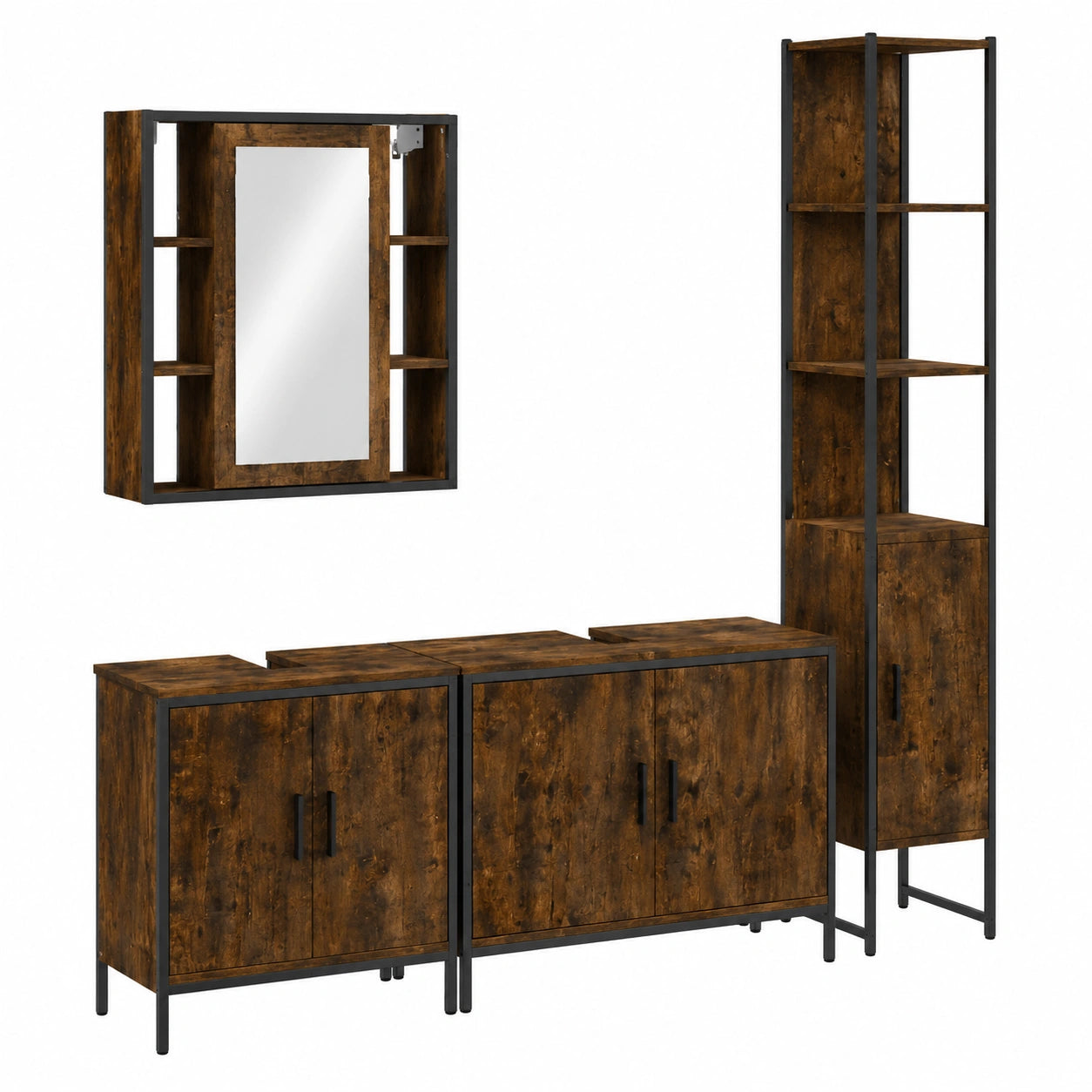 Conjunto de Muebles de Baño 4 Piezas, Madera de Roble en Acabado de Humo