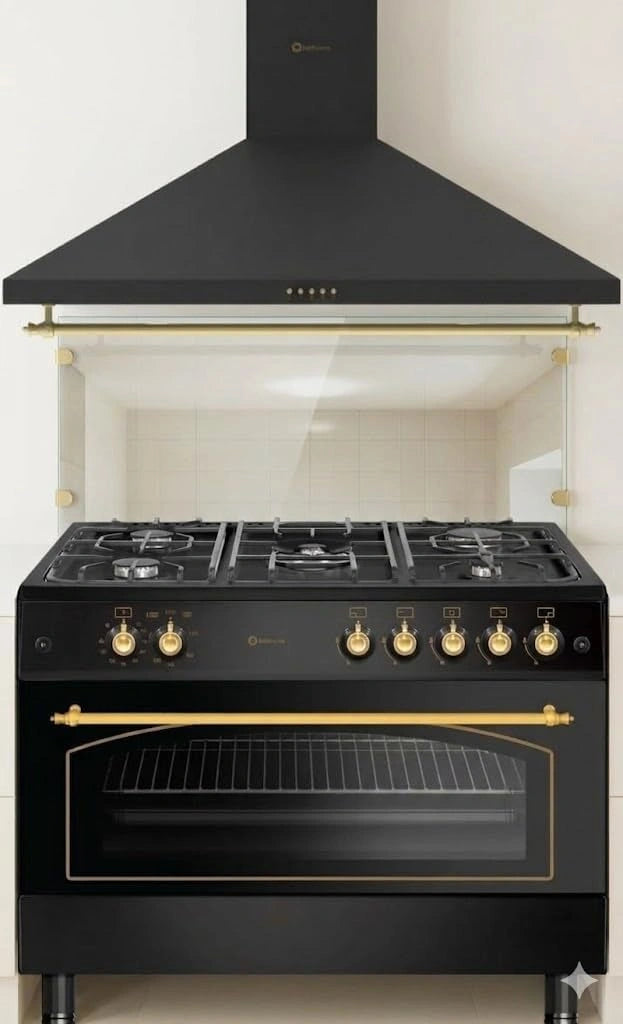 Set Cocina a Gas + Horno Panor¨¢mico y Campana Decorativa, Negro R¨²stico