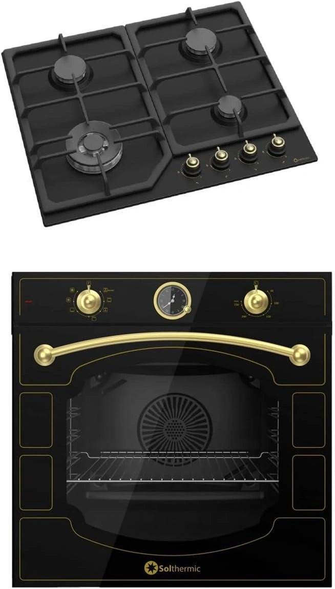 Juego Cocina: Encimera Gas y Horno Multifunci¨®n, Estilo R¨²stico, Negro con Mandos Dorados, 60 cm, 4 Fuegos, 64L