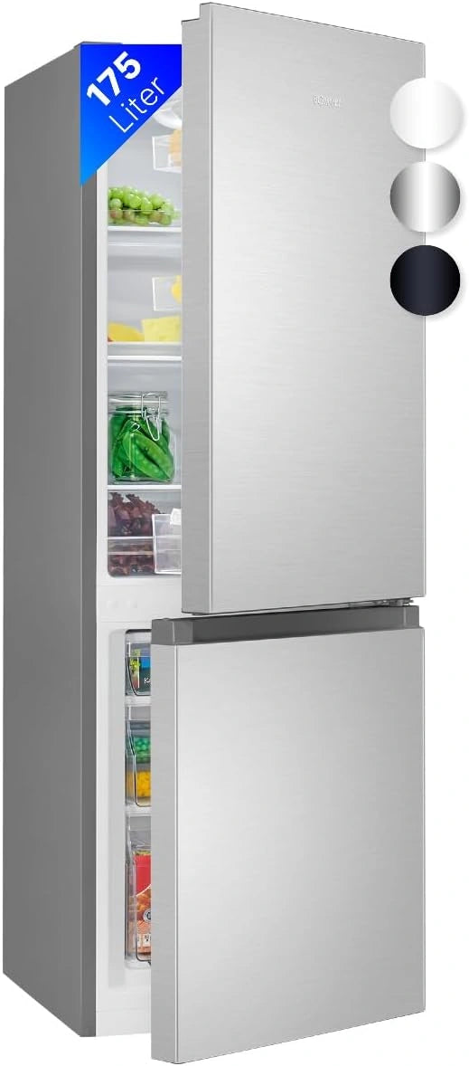 Bomann Frigor¨ªfico Combinado 175L, Energ¨ªa Clase D, Silencioso 39 dB, 3 Estantes y 3 Cajones, Puerta Reversible, Acero Inoxidable