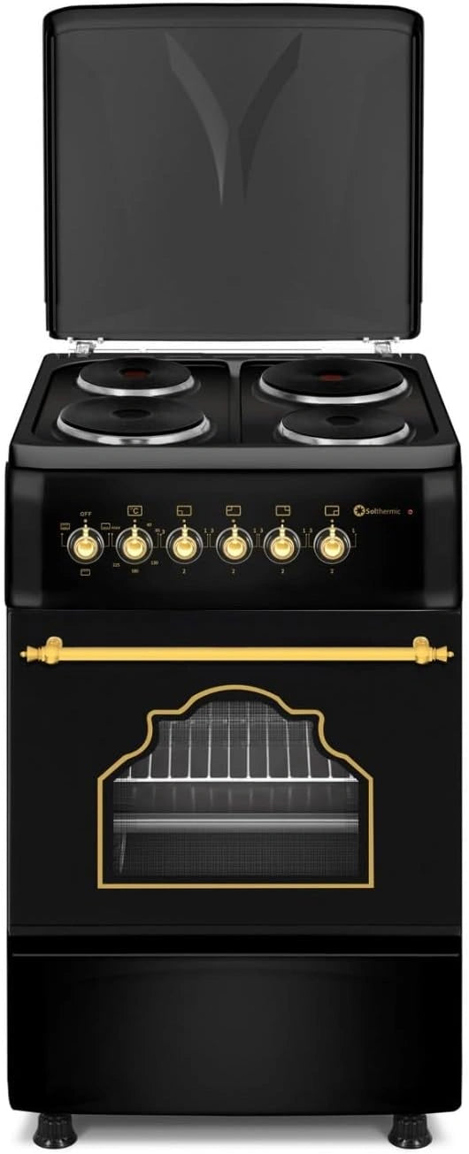 Solthermic Cocina El¨¦ctrica R¨²stica Negra con Mandos Dorados, 4 Fuegos, Horno Multifunci¨®n 60L, Ancho 50cm