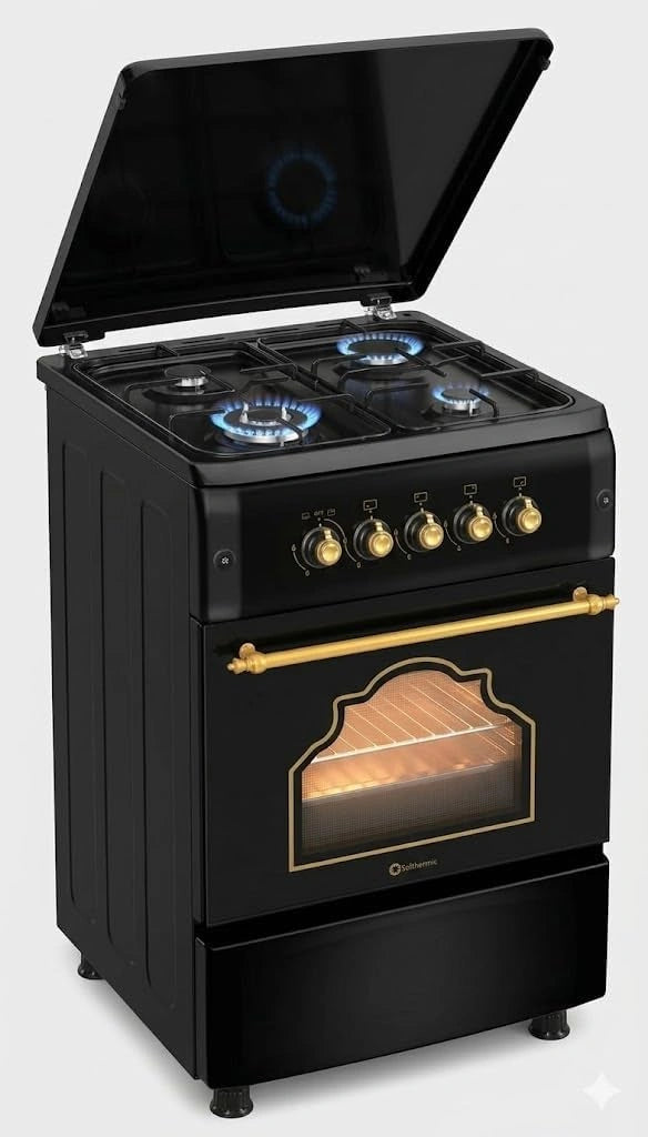 Cocina de Gas Solthermic F5S40E4RB con Horno El¨¦ctrico y Mandos Dorados, Negra R¨²stica, 50 cm Ancho, 4 Quemadores, Encendido Autom¨¢tico, Horno Multifunci¨®n de 50 L, Alta Gama