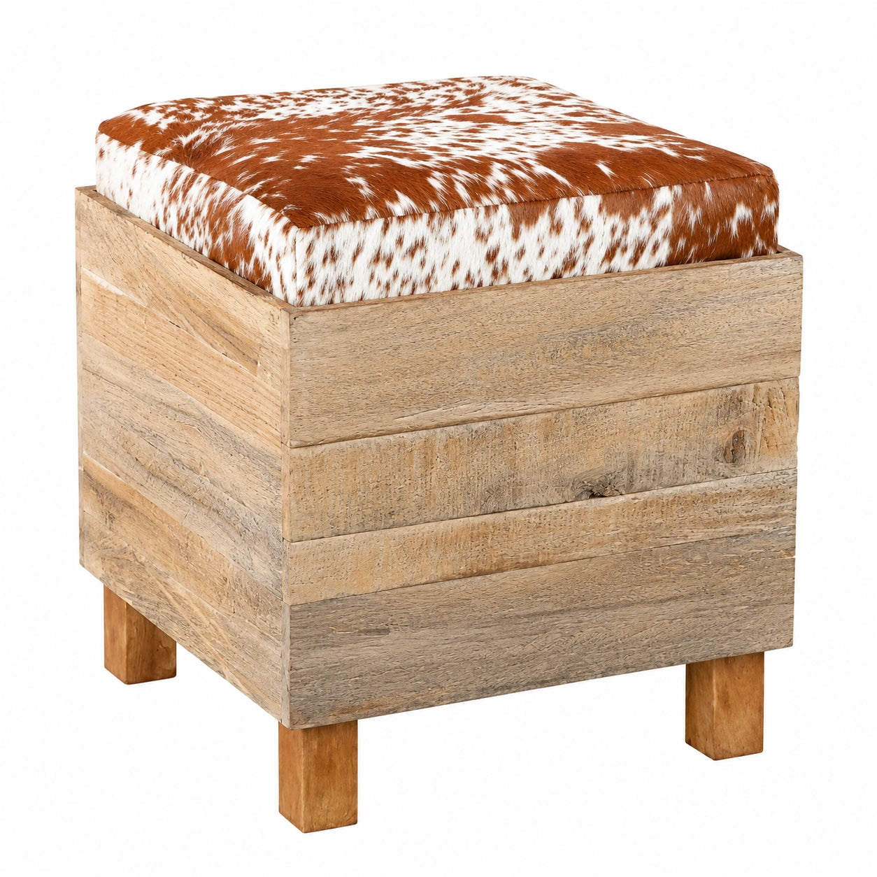Puf Cuadrado de Madera Reciclada y Cuero de Vacuno - AubryGaspard