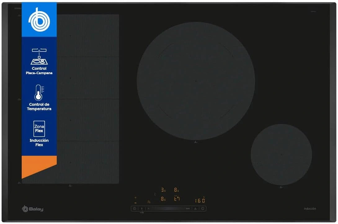 Placa de Inducci¨®n Balay 80 cm, 2 Zonas + Flex Inducci¨®n, Modelo 2024, 11 Niveles, Negro