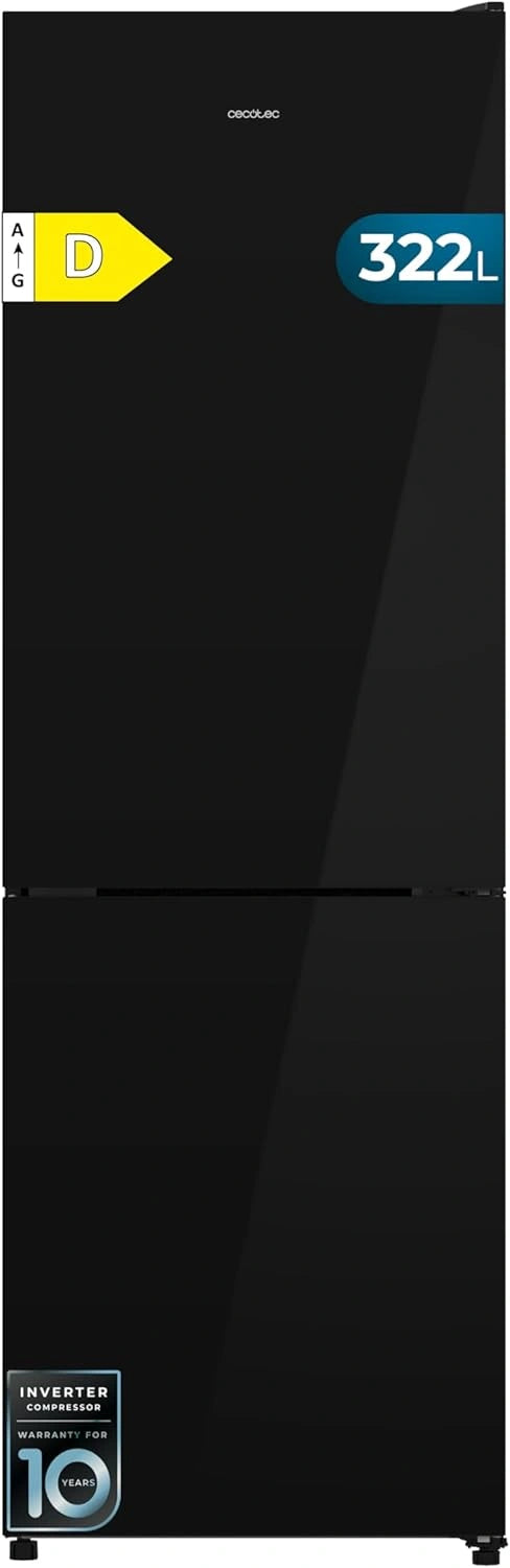 Cecotec Frigor¨ªfico Combi 322L Black Glass, Multi Airflow, HumidityFlex, Interior LED