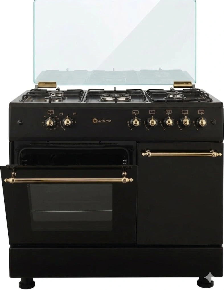 Cocina a Gas R¨²stica SOLTHERMIC F9LT50G2 con 5 Quemadores y Horno 64L, Negra con Mandos Dorados