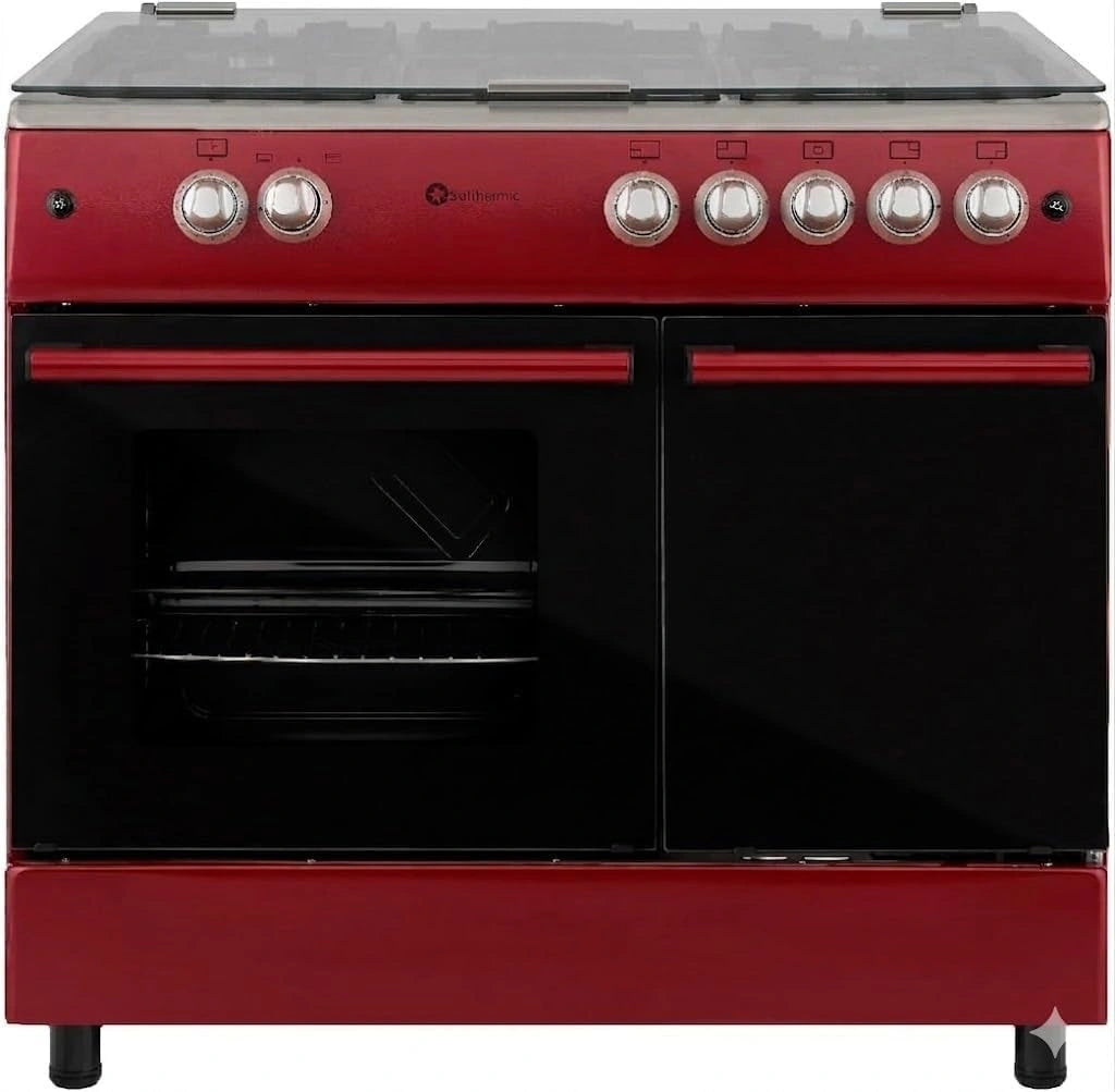 Cocina de Gas Solthermic Retro Rojo, 5 Fogones, Horno 64L, Encendido Autom¨¢tico