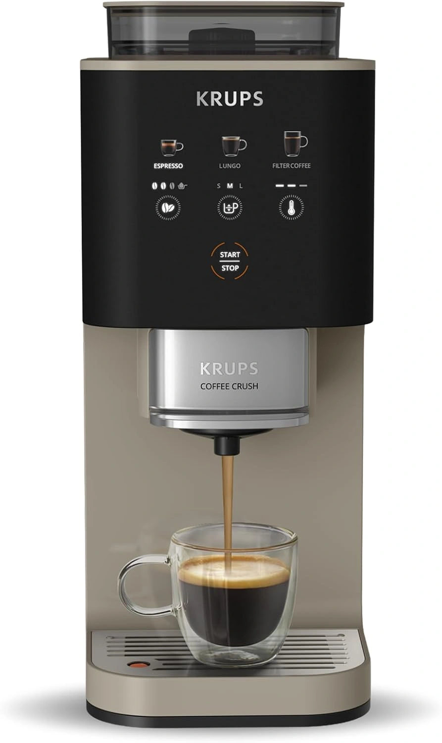 KRUPS Cafetera Autom¨¢tica con Pantalla T¨¢ctil, 15 Bares, Compatible con Caf¨¦ en Grano y Molido, Tres Recetas, Beige, Modelo SA402AE0