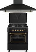 Juego Cocina a Gas + Campana Extractora 90 cm, Estilo R¨²stico Negro Dorado, Ancho 60 cm, Encendido Autom¨¢tico, Horno 60 L
