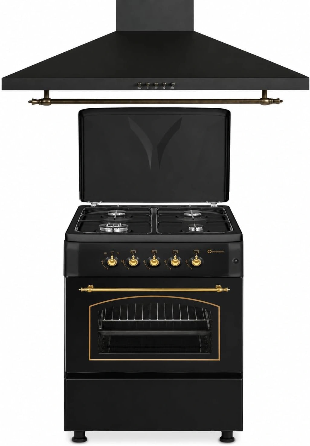 Juego Cocina a Gas + Campana Extractora 90 cm, Estilo R¨²stico Negro Dorado, Ancho 60 cm, Encendido Autom¨¢tico, Horno 60 L