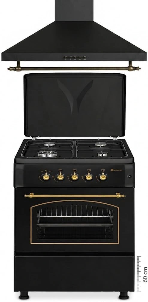 Conjunto Cocina de Gas R¨²stica Negra 60 cm con Horno 60L y Campana Extractora