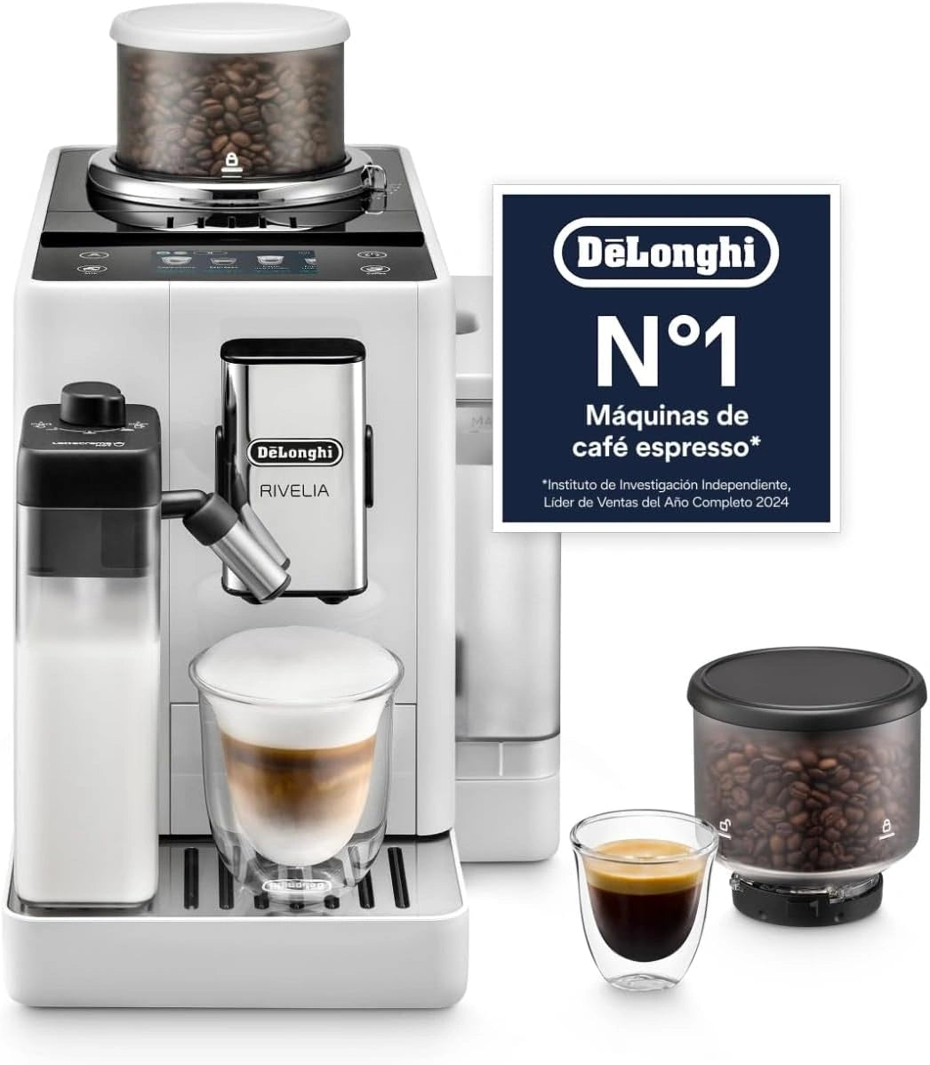 Cafetera Autom¨¢tica De'Longhi Rivelia con 16 Bebidas y Jarra LatteCrema, Pantalla T¨¢ctil, Blanco