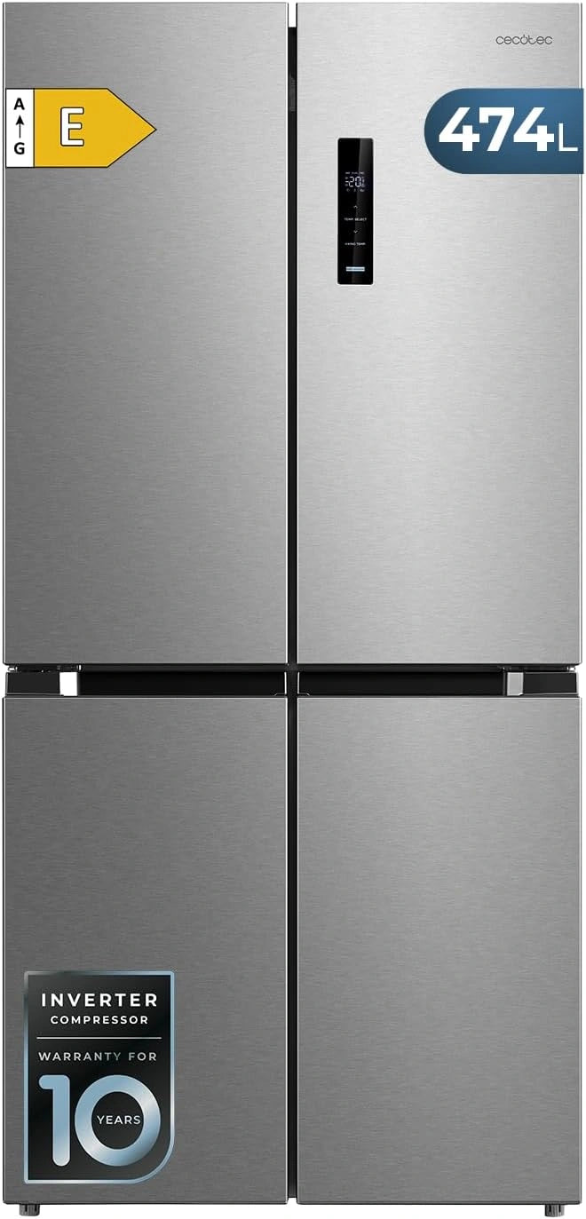Cecotec Nevera 4 Puertas No Frost 474L Bolero CoolMarket, Silenciosa, LED, Clase E, Inverter, Inoxidable