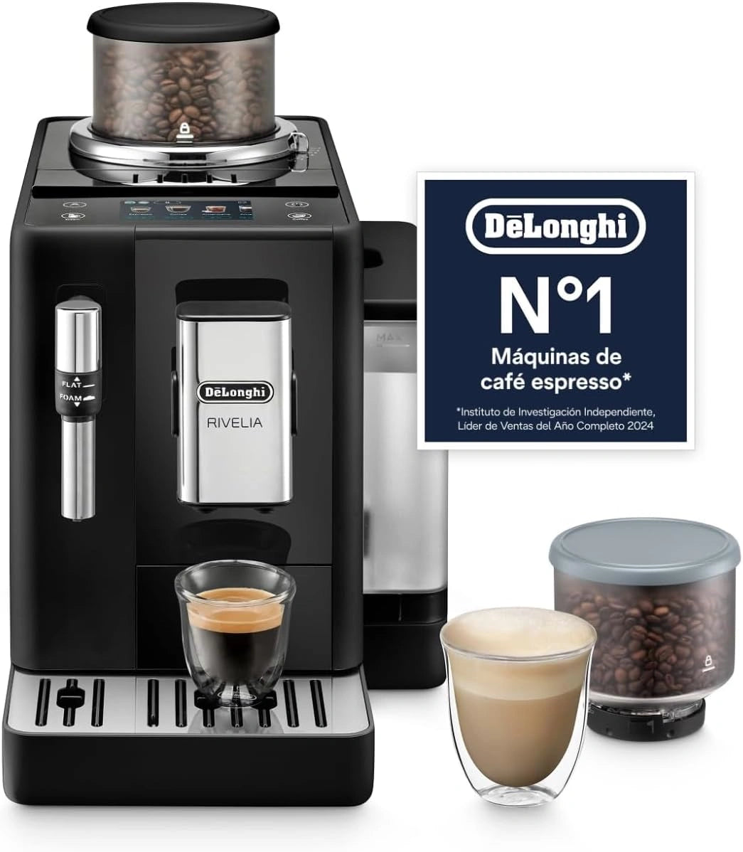 De¡¯Longhi Rivelia Cafetera Autom¨¢tica, 8 Bebidas, Espumador Manual, Pantalla T¨¢ctil, Dep¨®sitos Intercambiables, Negro