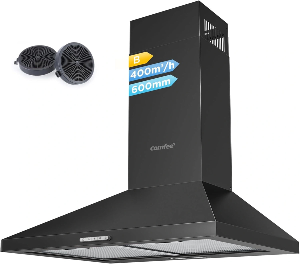 Campana Extractora Negra 60 cm COMFEE', LED, 400 m3/h, Recirculaci¨®n y Filtros de Carb¨®n