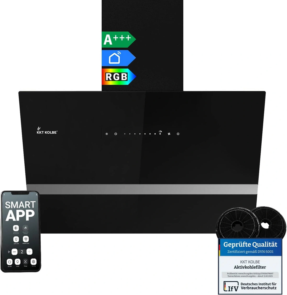 Campana Extractora KKT KOLBE 60 cm, 782 m3/h, Sin Campana, Montaje en Pared, Vidrio Negro, Control App WiFi, Iluminaci¨®n LED RGBW