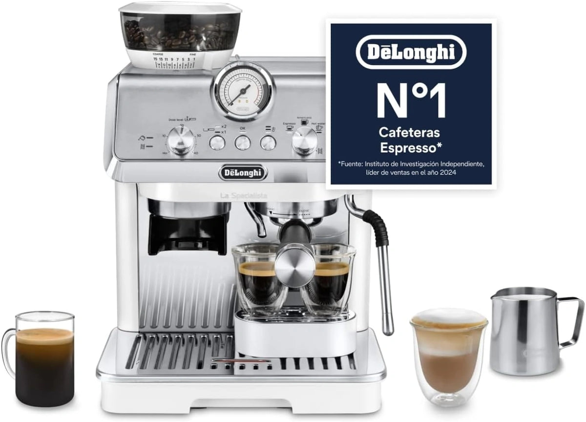Cafetera Expresso Manual De'Longhi La Specialista Arte, 8 Niveles de Molido, Control de Temperatura Activo, Espumador MyLatte Art, 1550 W, Color Blanco
