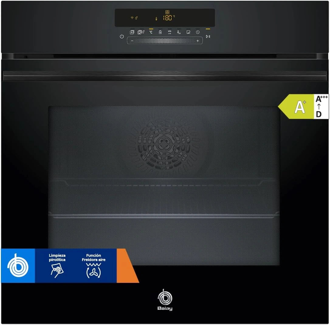 Horno Balay Multifunci¨®n con Freidora de Aire, 60 cm, Pir¨®lisis, Aqualisis y Control T¨¢ctil, 40 Recetas, Rieles Flex, Cristal Negro