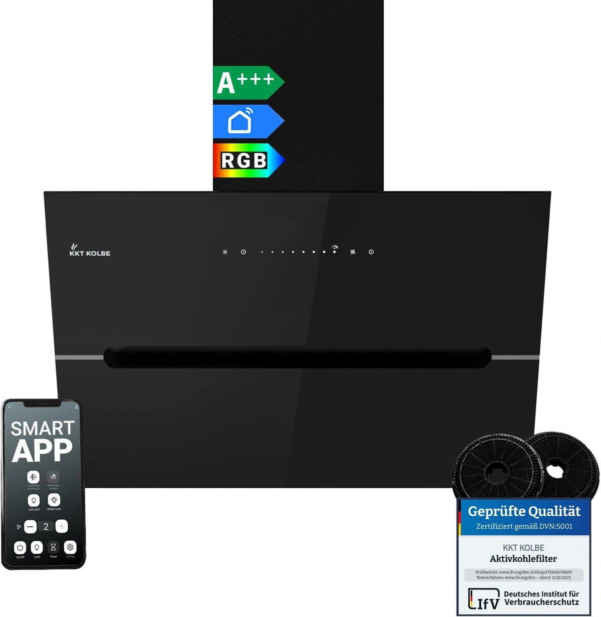 Campana extractora de pared KKT Kolbe 60 cm 782 m3/h Vidrio Negro WiFi LED