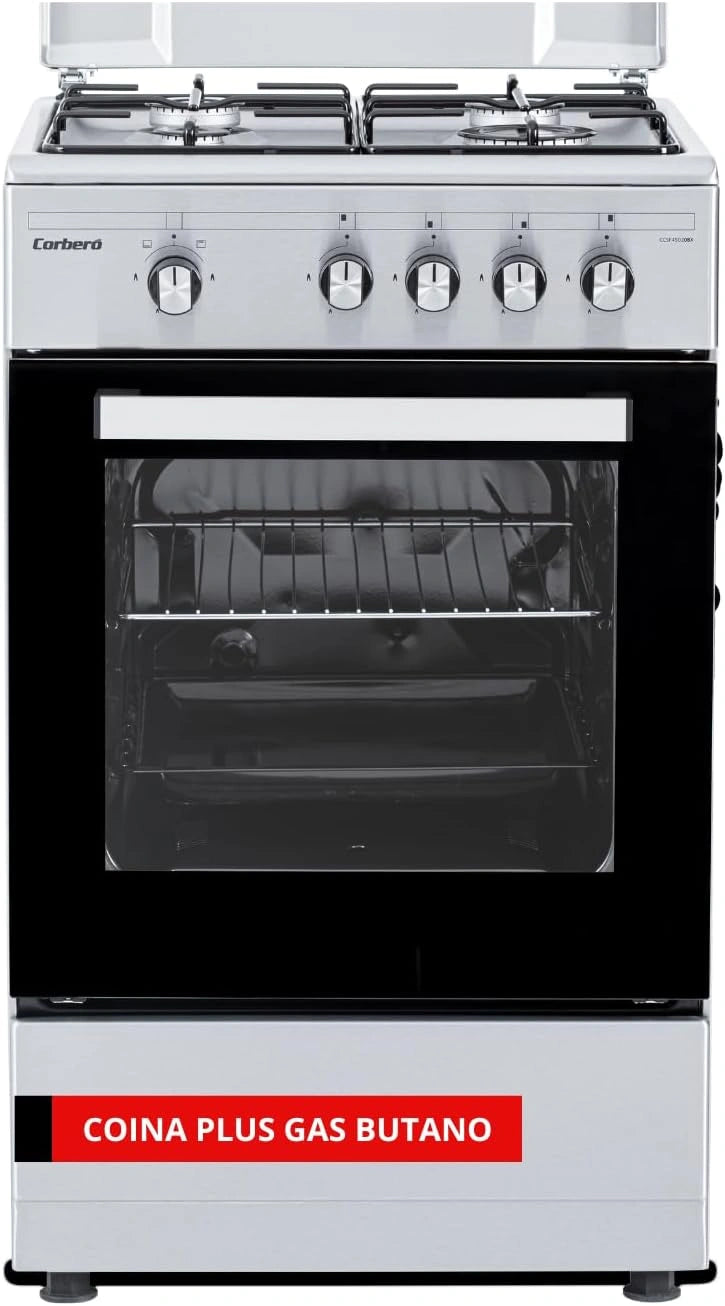 Cocina de Gas Butano Corber¨® | 50cm | 4 Quemadores | Horno 43L con Puerta Doble de Cristal | Tapa Met¨¢lica | Bandeja y Parrilla Cromada | Desconexi¨®n Autom¨¢tica de Seguridad | Acero Inoxidable