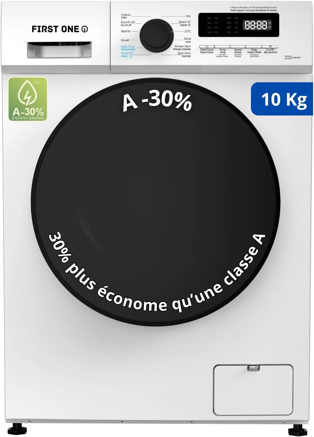 Lavadora de Carga Frontal 10 Kg 1400 RPM, Ahorro Energ¨¦tico Clase A-30%, 16 Programas Eco y R¨¢pido