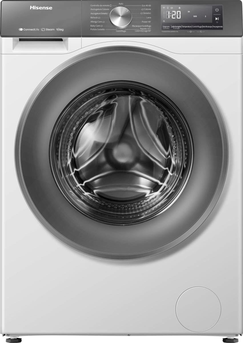 Lavadora Secadora Hisense 9+6 kg, 1400 RPM, 15 Programas, Vapor, Motor Inverter, Clase A, Pantalla LED, WiFi, Gris