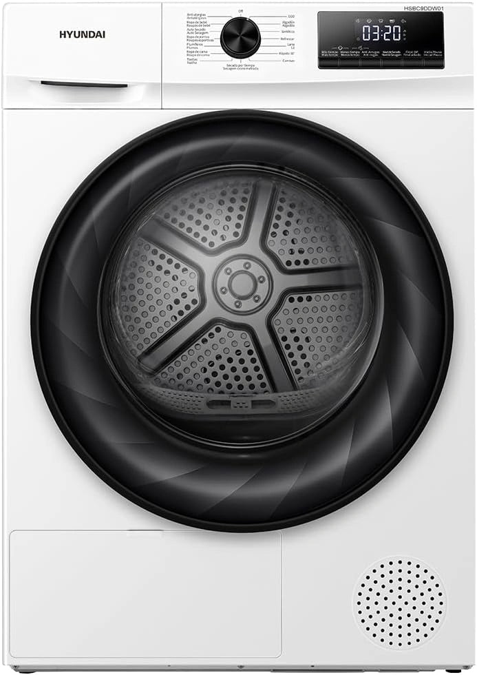 Secadora de Bomba de Calor Hyundai 9kg Carga Frontal Blanca, 650W, 15 Programas, Antiarrugas, Tambor Waterdrop, LED, Clase D