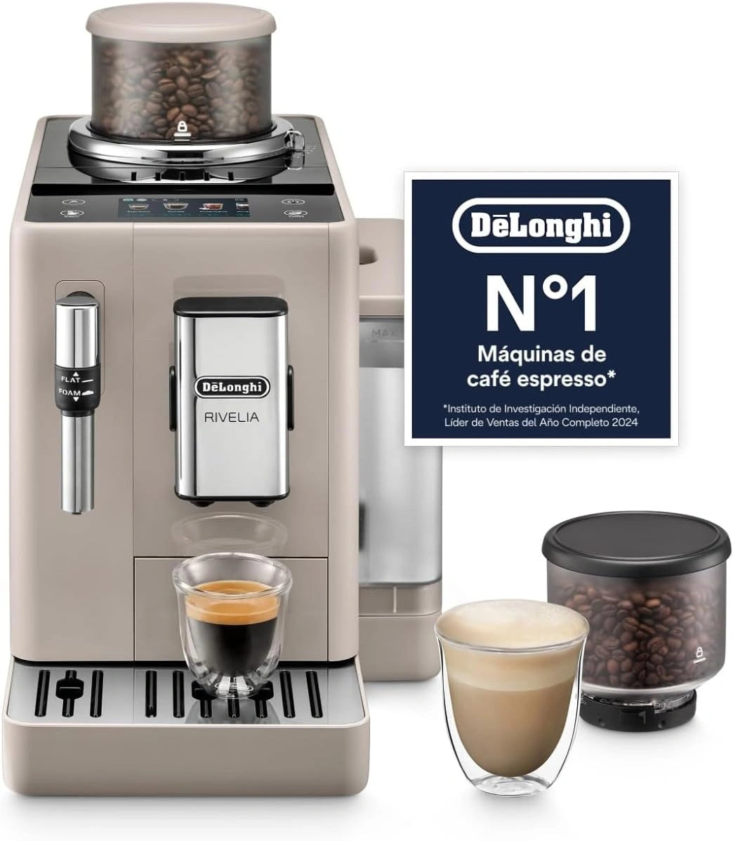 Cafetera Superautom¨¢tica De¡¯Longhi Rivelia, 8 Bebidas con Un Toque, Espumador de Leche Manual, Interfaz T¨¢ctil a Color, Dep¨®sitos Intercambiables, Beige