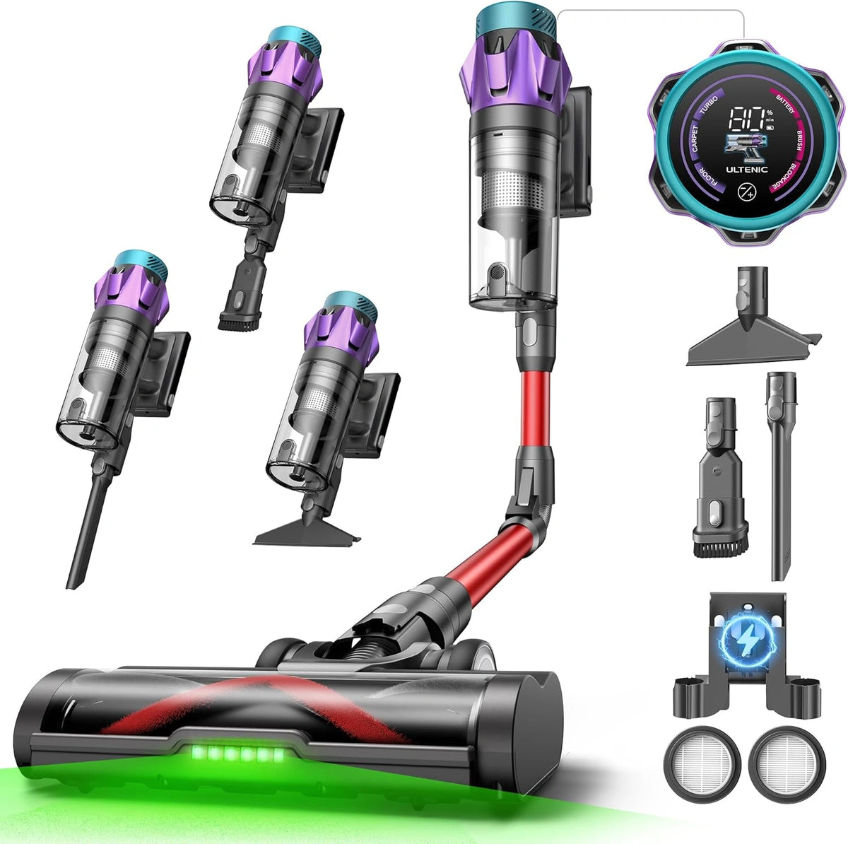 Aspiradora Ultenic U18Pro sin Cable 55Kpa, 80 Min de Autonom¨ªa, Sistema Multicicl¨®n, Pantalla de Tiempo Restante, Limpieza C¨®moda y Antienredos para Mascotas y Alfombras