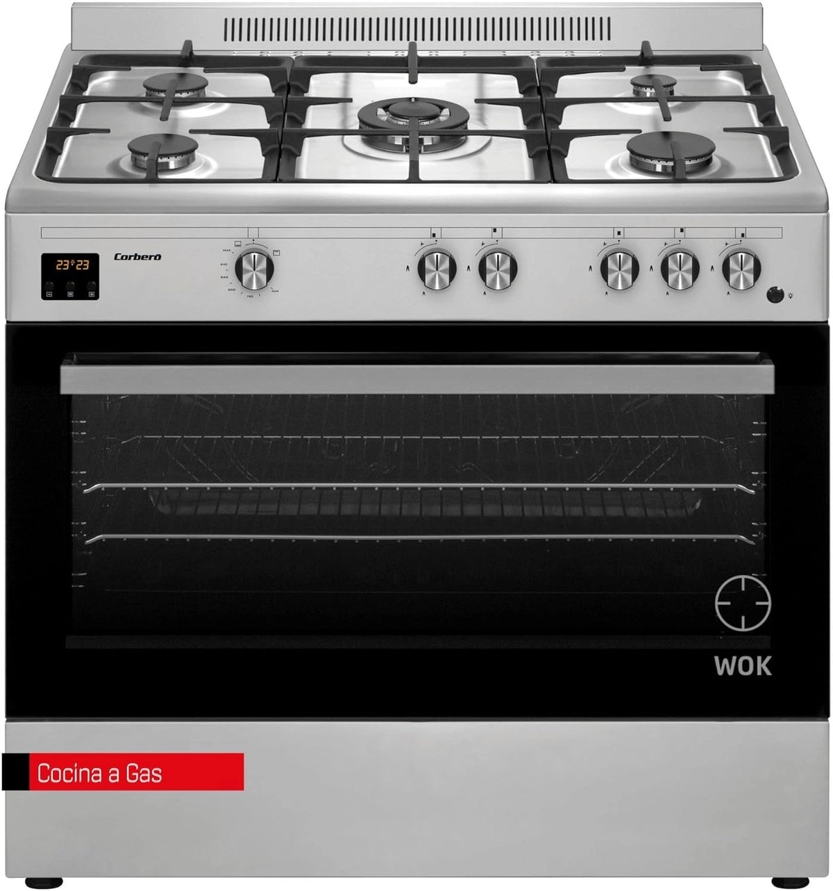 Cocina de Gas Butano Corber¨® CC900X: Horno Panor¨¢mico de 96L, 5 Quemadores con Opci¨®n Wok, Autoencendido, Limpieza F¨¢cil, Acero Inoxidable