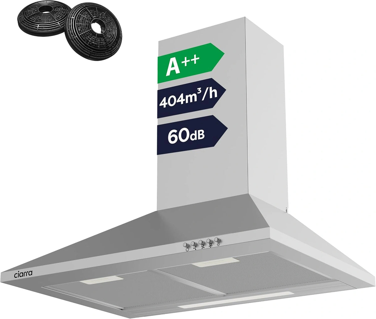 Campana Extractora 60cm CIARRA CBCS6201, Silenciosa y Eficiente, Clase A++, 404m3/h, 3 Velocidades, Filtro de Carb¨®n, Acero Inoxidable
