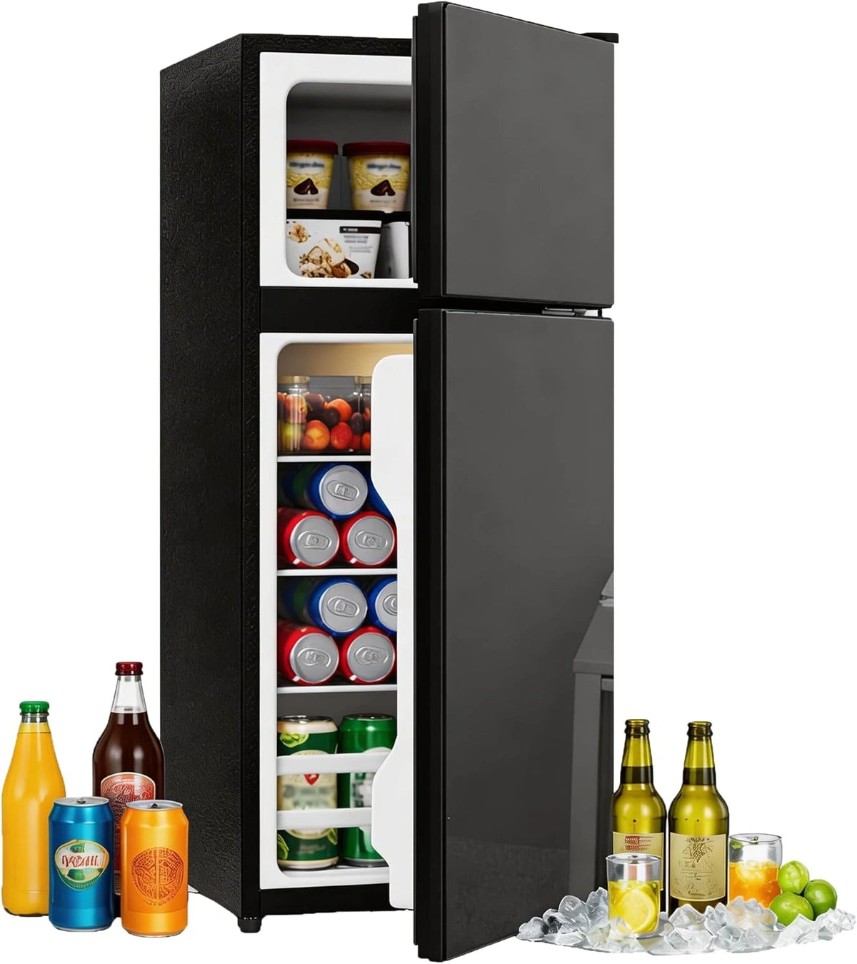 Frigor¨ªfico Compacto 92L con Congelador 28L, Puerta de Cristal, LED, Silencioso, Estantes Ajustables