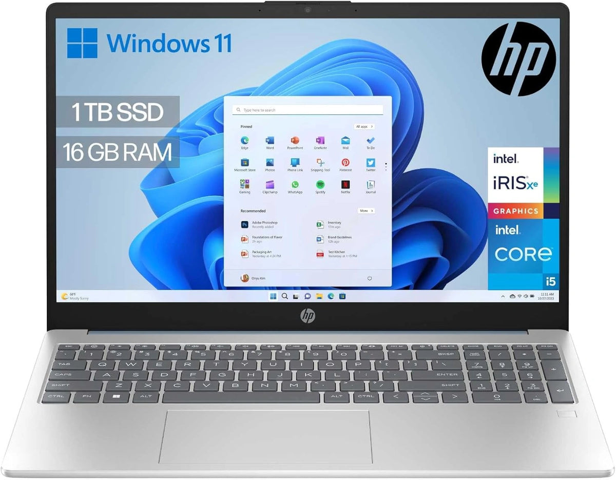 Port¨¢til HP 15.6'' FHD, i5-1334U, 16GB RAM, 1TB SSD, Iris Xe, Win 11, Plata/Azul, Teclado QWERTY