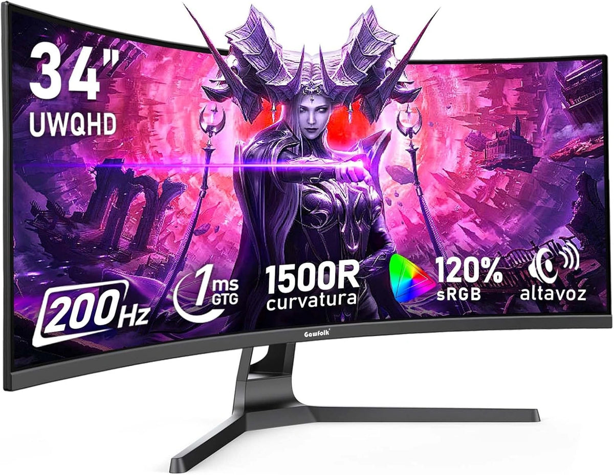 Monitor Curvo Ultrawide 34'' 200Hz UWQHD 3440x1440 para Gaming - 1500R, 120% sRGB, Adaptive Sync, Sonido Integrado, HDMI/DP, Montaje en Pared, Negro