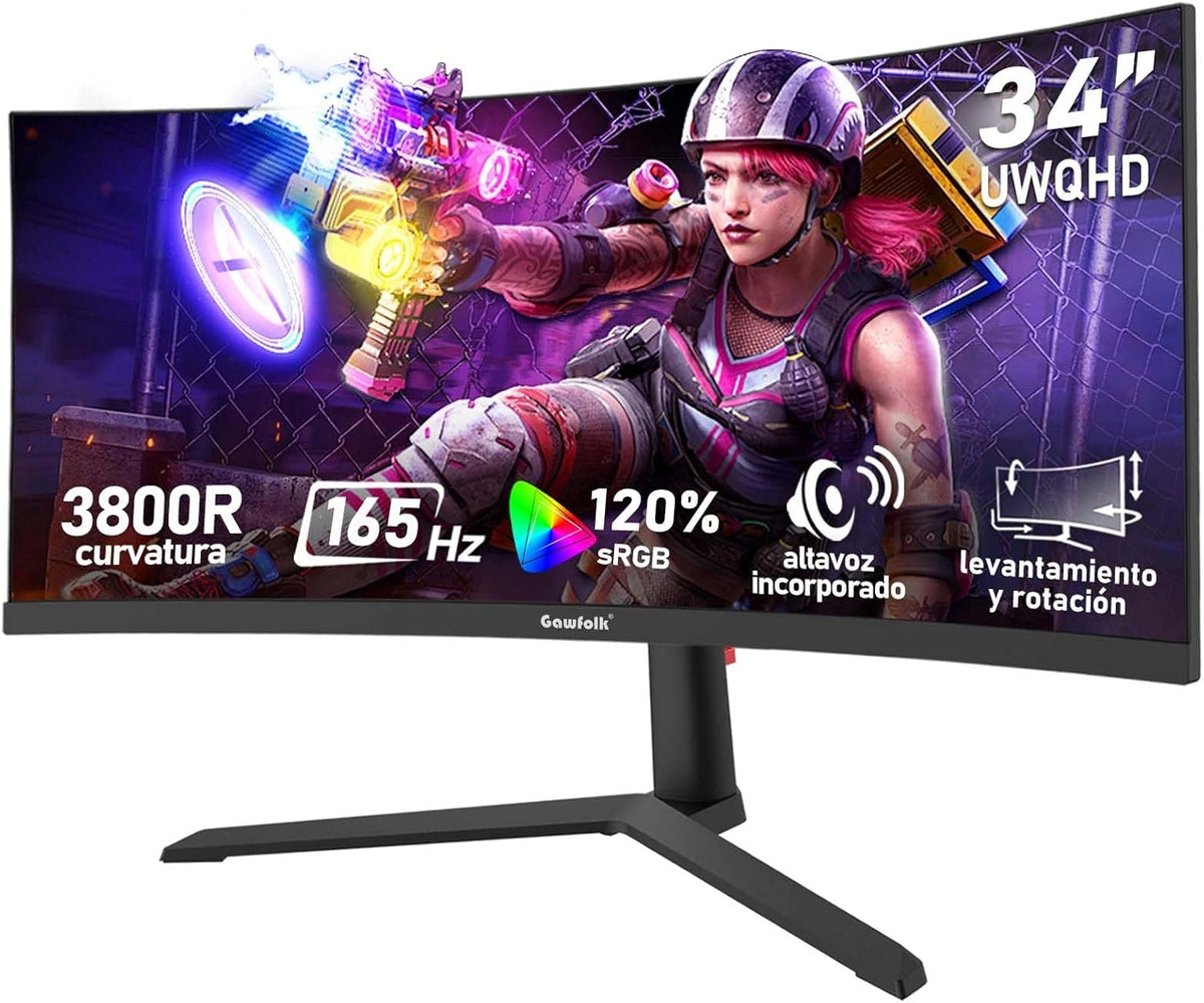 Monitor Gaming Curvo 34'' Gawfolk UWQHD 165Hz, 1ms, Sync Adaptativo, HDMI, DP, Soporte Altura Ajustable