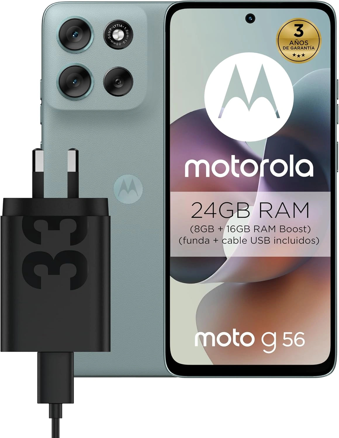 Motorola Moto G56 5G, M¨®vil Inteligente, 24GB RAM Total, 256GB, Gris, Cargador TurboPower 33W
