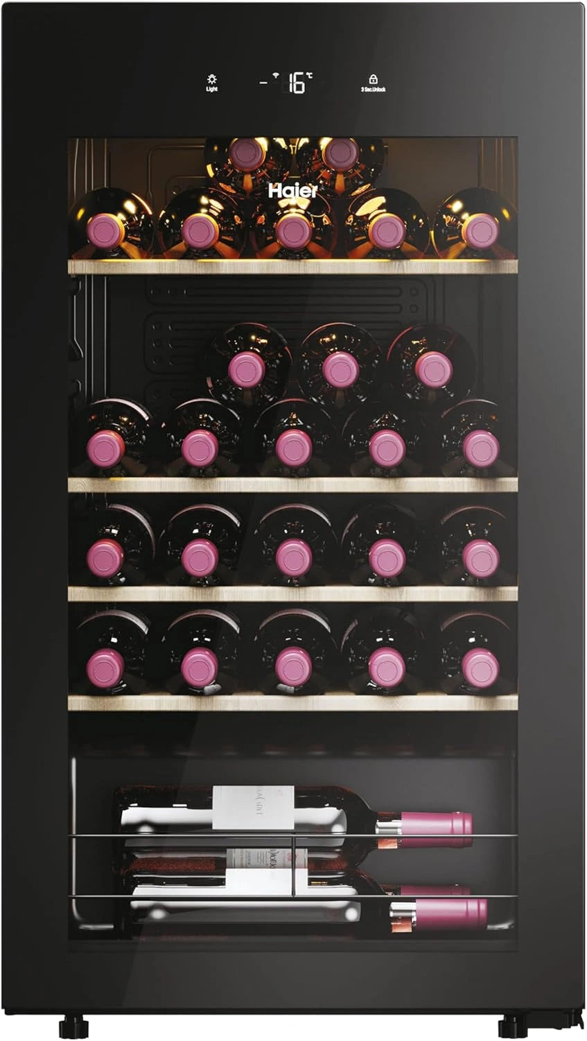 Vinoteca Haier 50 Serie 3 HWS34GGH1, 34 Botellas, WIFI, Estantes de Madera, Anti-UV, Filtro de Carb¨®n, Pantalla Digital, LED, 37 dB, Negra