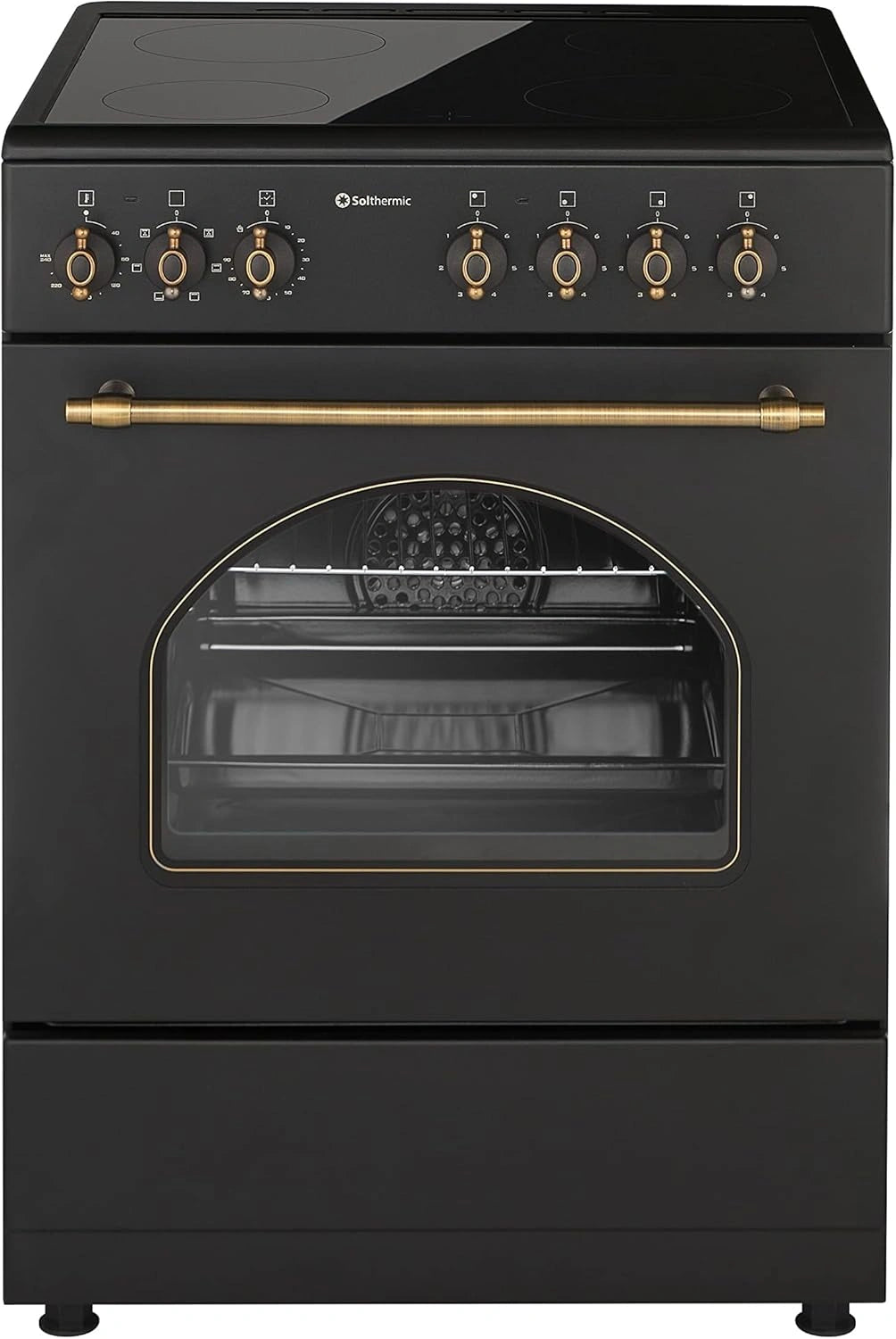 Cocina El¨¦ctrica de Vitrocer¨¢mica SOLTHERMIC con Horno Turbo, 60cm, 4 Zonas, Negra con Detalles Dorados