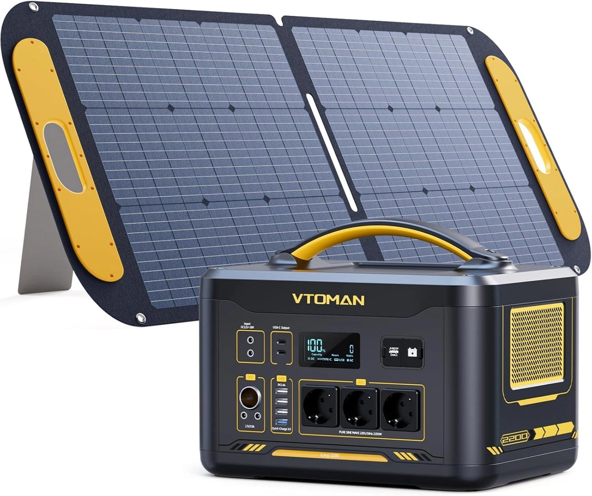 Estaci¨®n de Energ¨ªa Port¨¢til VTOMAN Jump 2200 con Panel Solar 110W, Generador Solar LiFePO4, 2200W AC, Capacidad 1548Wh Expandible a 3096Wh para Camping y Emergencias