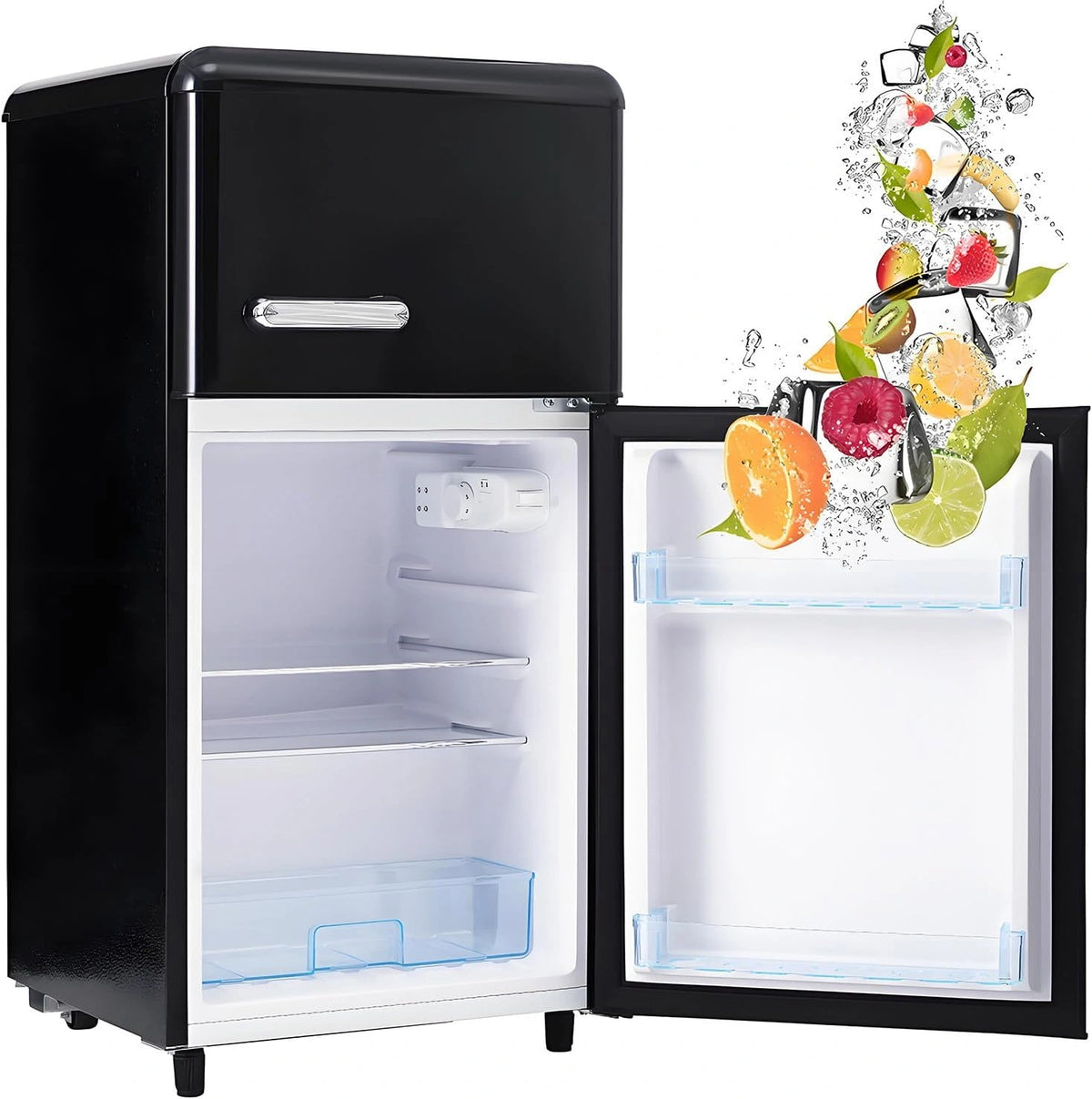 Nevera Retro de 72L con Congelador de 21L y Compartimento para Verduras, Eficiencia Energ¨¦tica 120 kWh/a?o, Luz LED, Color Negro