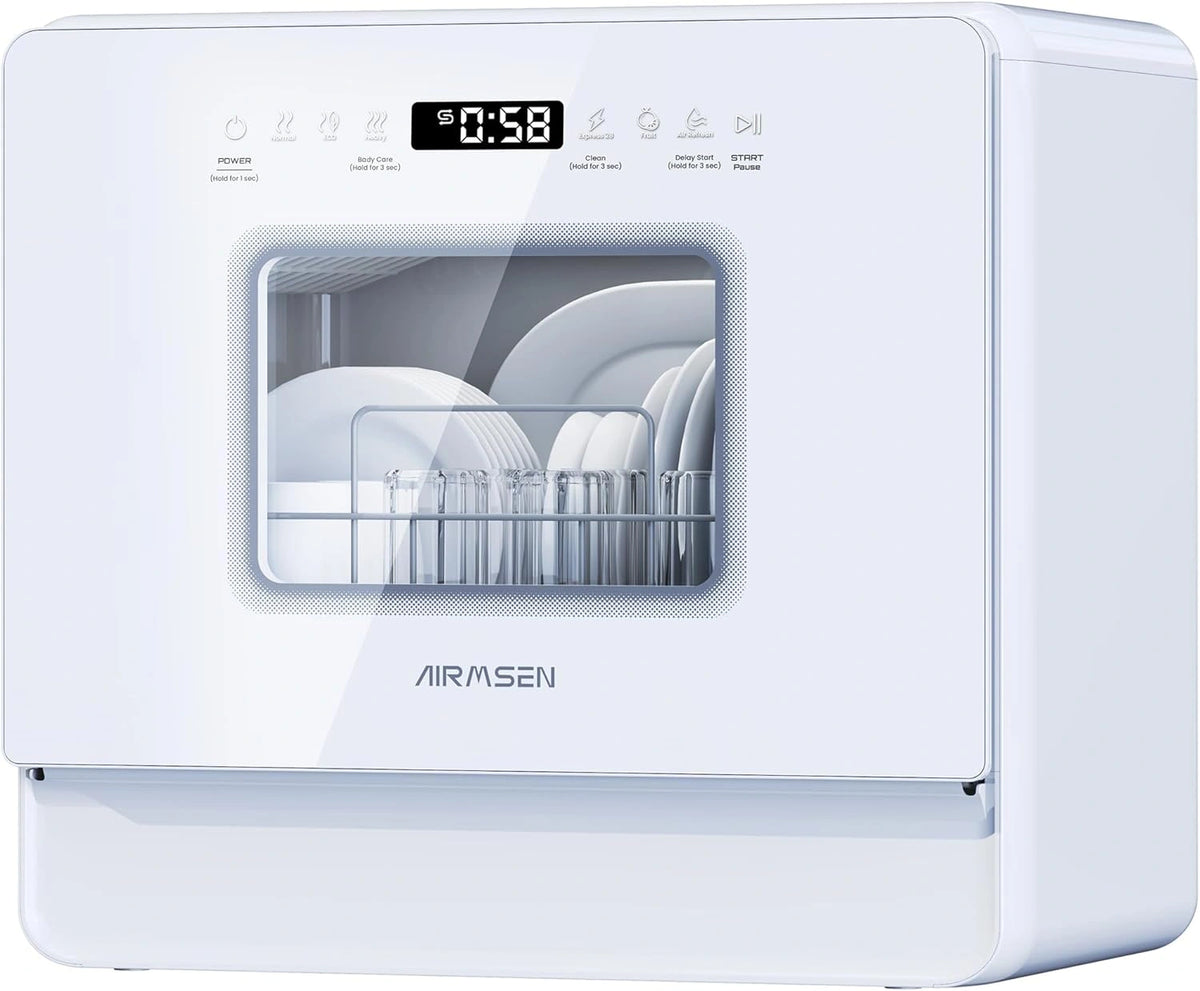 Lavavajillas Compacto AIRMSEN con 9 Programas, Dep¨®sito de Agua 5L, Control T¨¢ctil y LED, para Cocina y Apartamento, Blanco
