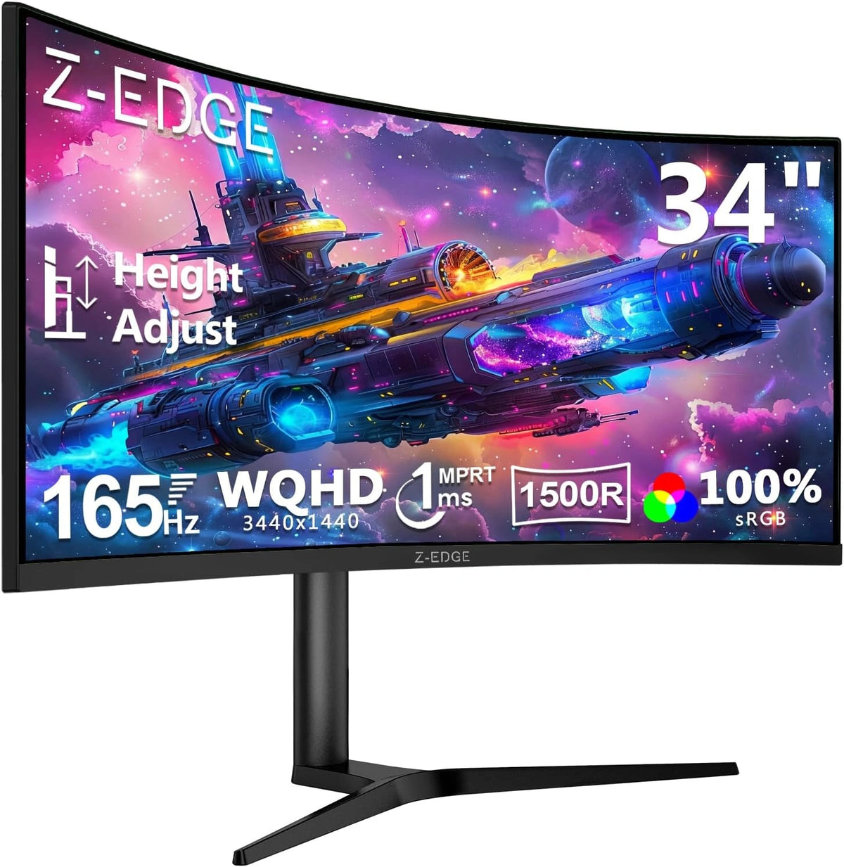 Monitor Gaming 34" Curvo Z-Edge, 165Hz, UltraWide 21:9, 1ms, Ajuste de Altura e Inclinaci¨®n, FreeSync, 3440x1440, HDMI y DP, Compatible VESA