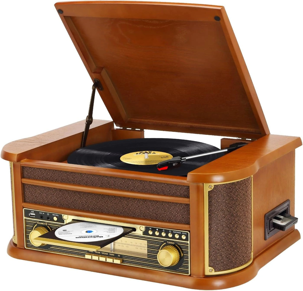 Tocadiscos Retro 9 en 1 con Bluetooth, Radio AM/FM, CD/Cassette, USB, Control Remoto y Altavoces