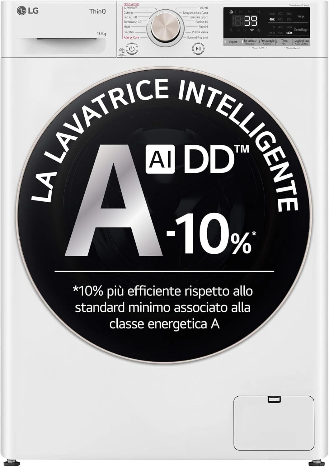 Lavadora LG 10 kg Carga Frontal AI DD, Clase A, 1400 RPM, TurboWash 360, Vapor, WiFi, Blanco