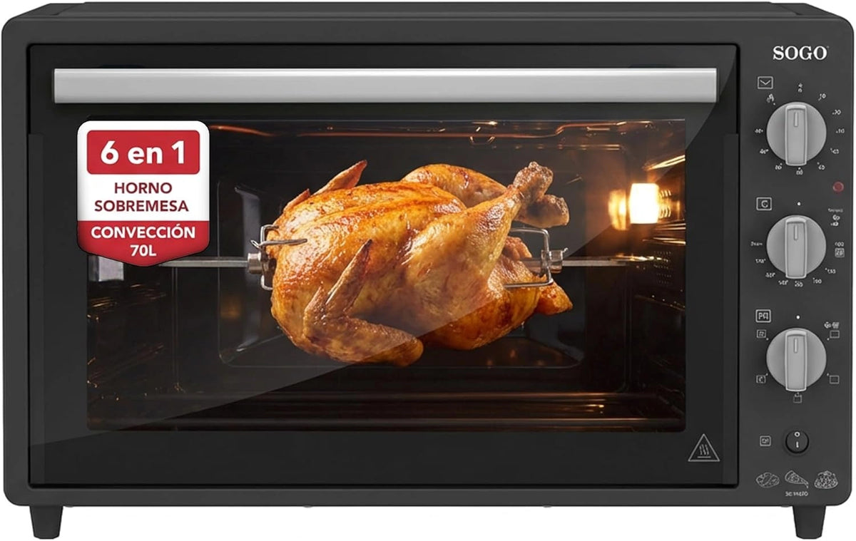 Horno de Convecci¨®n Sogo 70L - El¨¦ctrico con Rustidor y Gratinador para Asados Perfectos - Vers¨¢til y Ideal para Recetas Crocantes