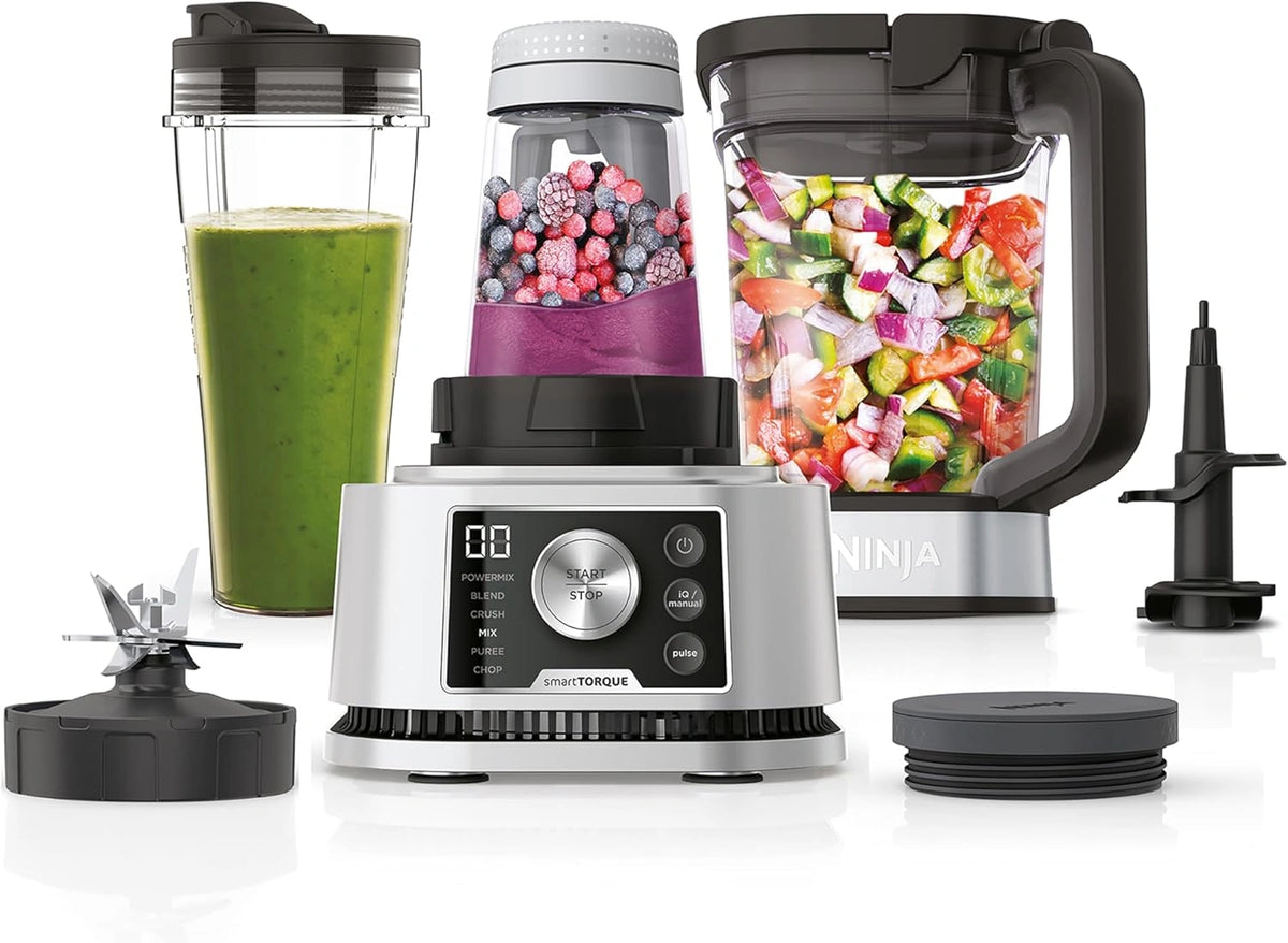 Batidora Ninja Foodi Power Nutri 3 en 1, 1200 W, Smoothies y Cremas, Jarra 2,1 L, Vaso 700 ml, Recipiente 400 ml, Plateada