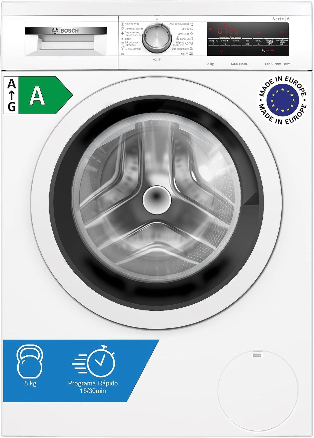 Lavadora Bosch Serie 6, 8 kg, EcoSilence, Color Blanco, Instalaci¨®n Independiente